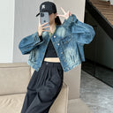 Cross-Border Short Vintage Blue Denim Jacket, Elegant and Slimming, Versatile Jacket, Denim Fabric, Women's Denim Top