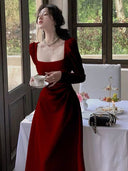 Red Long-sleeved dress Women's Spring and Autumn French Engagement Dress Bride Toasting Dress Usually Wearing Red Skirt Long Dress