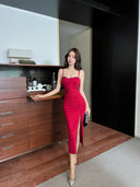 Elegant Socialite Sexy Night Dress with Hip-wrap Dress Low-cut Suspenders Dress Slimming High Waist Split Long Dress