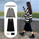 Spring and Autumn Women's Hong Kong-style Slimming Loose Striped Sweat Half-length Skirt Wear a Complete Set of Korean-style Two-piece Suit