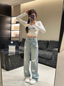 Three-dimensional Lace Butterfly Wide Leg Elastic Jeans Women's New Niche Fashion Straight Pants for Spring 2024