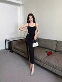 Elegant Socialite Sexy Night Dress with Hip-wrap Dress Low-cut Suspenders Dress Slimming High Waist Split Long Dress