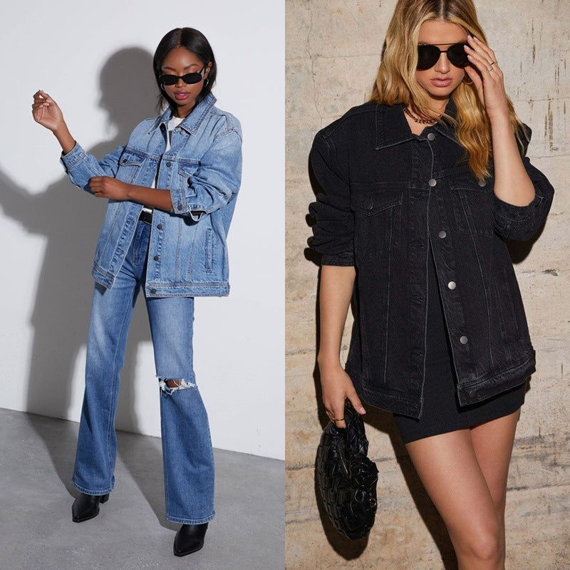 European and American Cross-Border 2025 Export New Loose Denim Jacket Women's Street Fashion Washed Casual Work Jacket