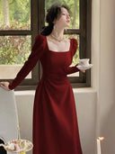 Red Long-sleeved dress Women's Spring and Autumn French Engagement Dress Bride Toasting Dress Usually Wearing Red Skirt Long Dress