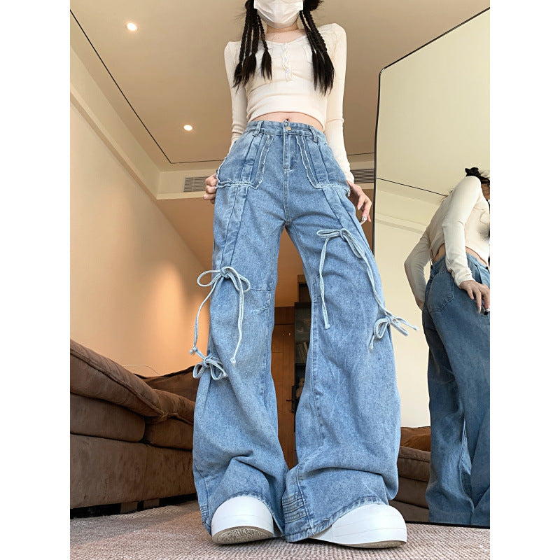 Real shot!!! American Retro Caught Pants Wide-leg Jeans Women's All-match High-waist Straight Pants