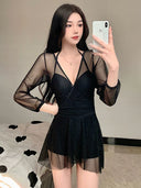 Women's Swimsuit Summer 2025 New One-Piece Skirt Style Covering Belly and Slimming Look Conservative Lace Long-Sleeved Small Breast Underwire Hot Spring Swimsuit