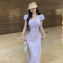 French-Style Stunning V-Neck Floral Dress for Women, 2025 Summer Elegant Waist-Cinching Long Dress, Tea Break Dress, Vacation Style Long Dress