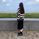 Spring and Autumn Women's Hong Kong-style Slimming Loose Striped Sweat Half-length Skirt Wear a Complete Set of Korean-style Two-piece Suit