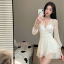 Women's Swimsuit Summer 2025 New One-Piece Skirt Style Covering Belly and Slimming Look Conservative Lace Long-Sleeved Small Breast Underwire Hot Spring Swimsuit
