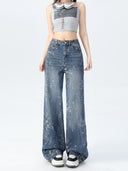 2025 New Jacquard Jeans Women's American Loose Floor-Length Pants Versatile High-Waisted Narrow Wide-Leg Pants Women's Trousers