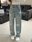 Three-dimensional Lace Butterfly Wide Leg Elastic Jeans Women's New Niche Fashion Straight Pants for Spring 2024