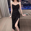 2024 Summer New Korean-style Hepburn Black Dress Mid-length Slimming Sequin Split Slim Sling Sexy dress