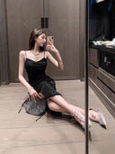 2024 Summer New Korean-style Hepburn Black Dress Mid-length Slimming Sequin Split Slim Sling Sexy dress
