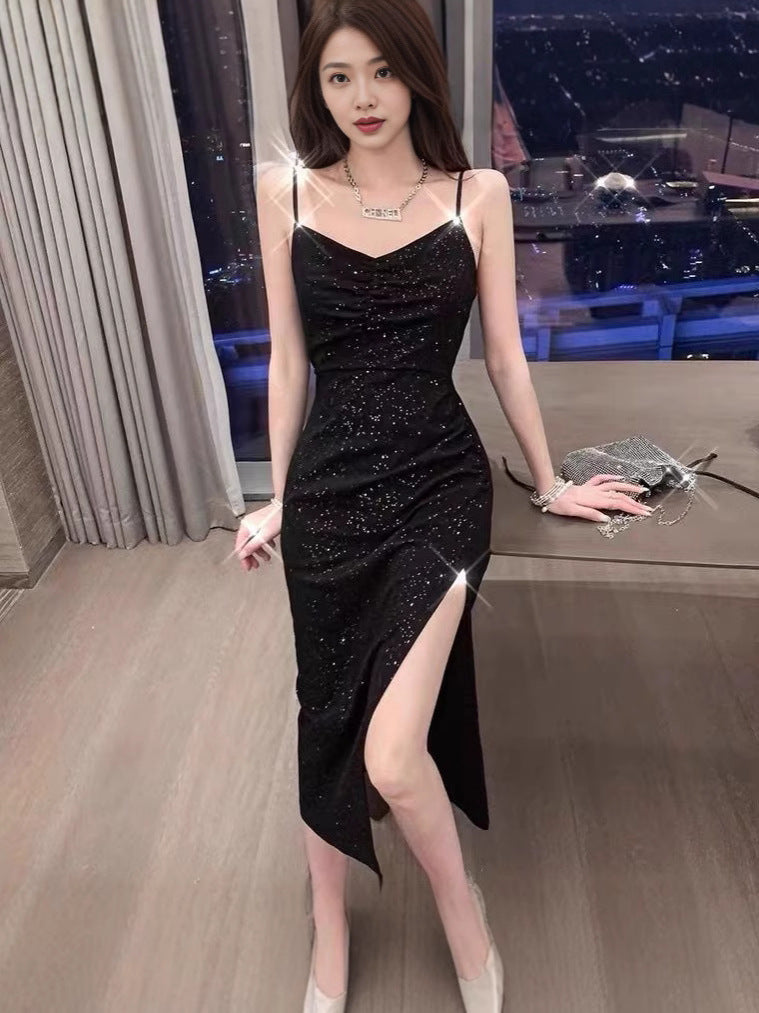 2024 Summer New Korean-style Hepburn Black Dress Mid-length Slimming Sequin Split Slim Sling Sexy dress