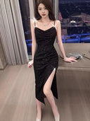 2024 Summer New Korean-style Hepburn Black Dress Mid-length Slimming Sequin Split Slim Sling Sexy dress