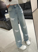 Three-dimensional Lace Butterfly Wide Leg Elastic Jeans Women's New Niche Fashion Straight Pants for Spring 2024