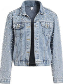 Cross-border Amazon ebay European and American Women's Pearl Denim Jacket Short Rhinestone Denim Jacket Coat Top