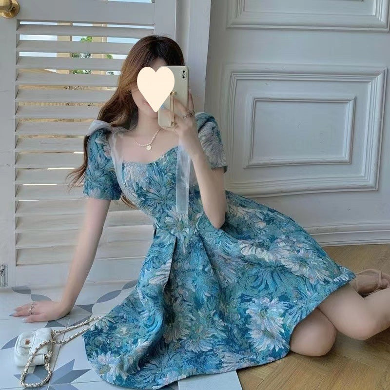 Floral dress Women's Summer French Style Elegant Short Waisted Skirt Niche Tutu Skirt Design Sense Sweet Puff Sleeve Skirt