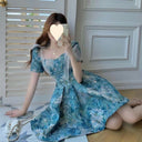 Floral dress Women's Summer French Style Elegant Short Waisted Skirt Niche Tutu Skirt Design Sense Sweet Puff Sleeve Skirt