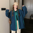 Real shot Denim coat women's Korean style retro loose striped lapel stitching design niche cardigan long sleeve top