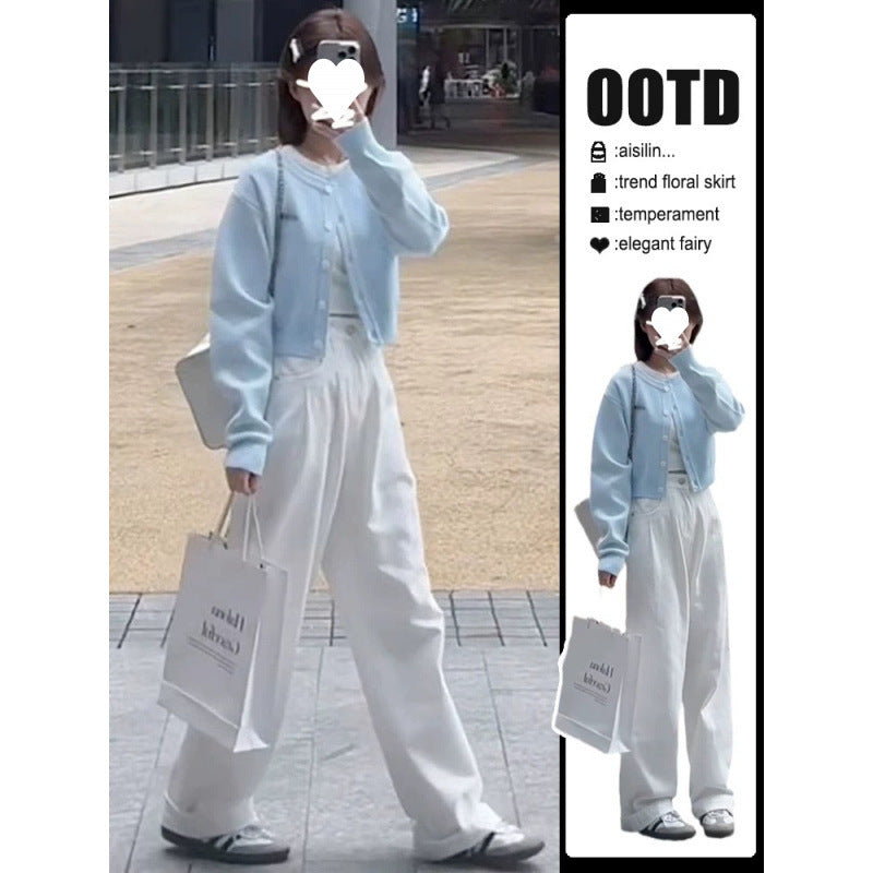 Autumn New Fashion Short Blue Knitted Cardigan Wide Leg Pants Lazy Style Two-piece Suit for Women