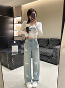 Three-dimensional Lace Butterfly Wide Leg Elastic Jeans Women's New Niche Fashion Straight Pants for Spring 2024