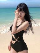 2025 New Swimsuit Women's Bikini Covers Belly, Looks Slim and Sexy, Cut Out Backless One-Piece Small Breast Push-Up Hot Spring Vacation