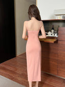Elegant Socialite Sexy Night Dress with Hip-wrap Dress Low-cut Suspenders Dress Slimming High Waist Split Long Dress