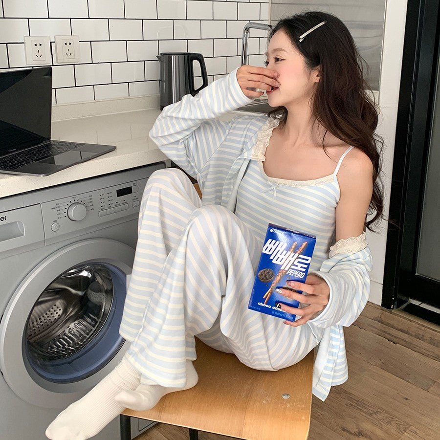 Milk Blue Striped German Velvet Pajamas Three-piece Set Women's Autumn and Winter New Arrival Long-sleeved Cardigan Trousers Home Clothes suit