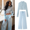 Women's Pants Set New 2026 Summer Long Sleeve Hollowed-Out Shirt Satin Trousers with Drawstring Two Piece Female Outfit